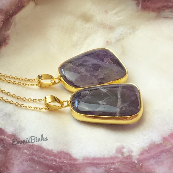 New Genuine Natural Amethyst Pendant Necklace - Amethyst Geometric Pendant - Picture 9 of 15